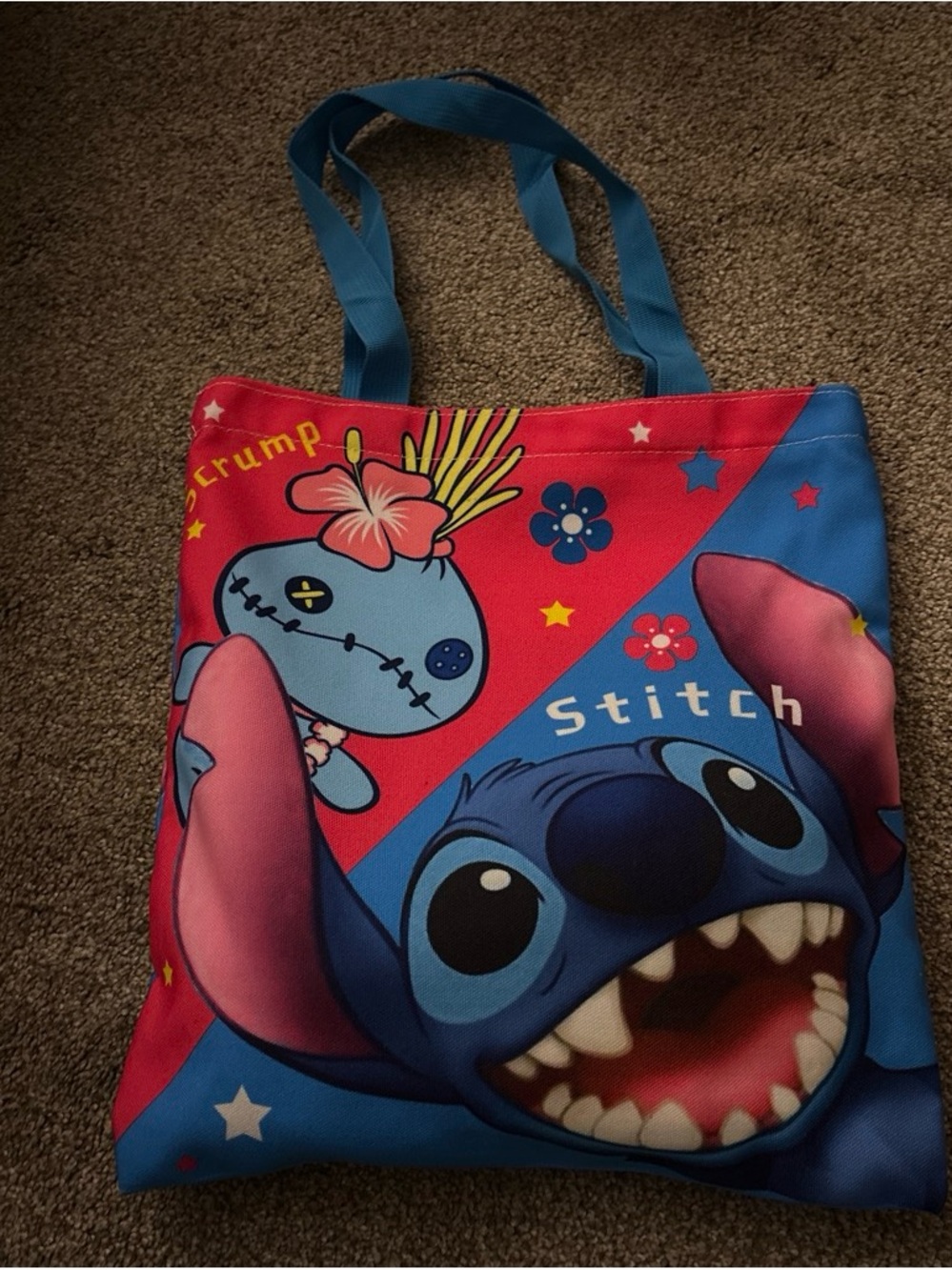 Disney Stitch Tote in Blue and Pink with Floral Accents